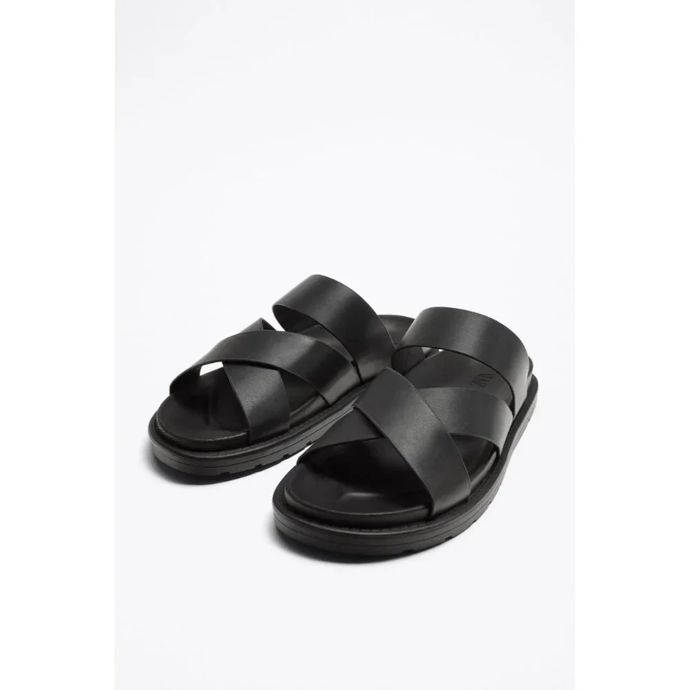 ZARA STRAPPY LEATHER SANDALS BLACK SIZE 9 | 2712/120